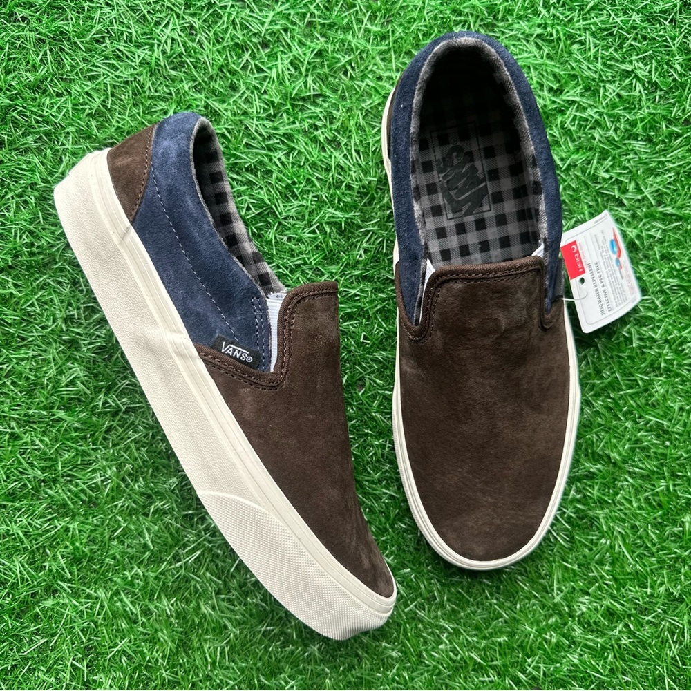 Vans Classic Slip On Pig Suede Plaid Brown Navy - Picture 8 of 10